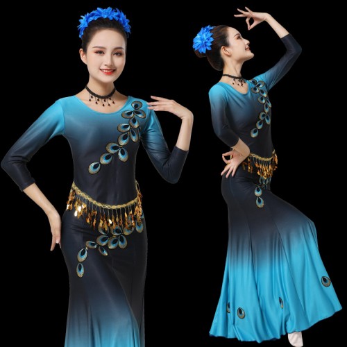 Green blue purple gradient chinese thailand Dai dance clothes Ethnic cucurbit costumes Peacock dance performance long-sleeved dresses adult female